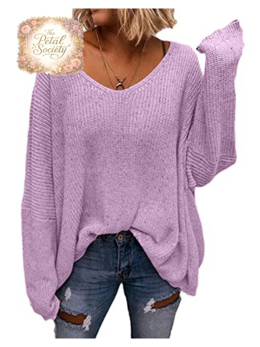 Women's V Neck Long Sleeve Knit Loose Oversized Pullover Sweater Top